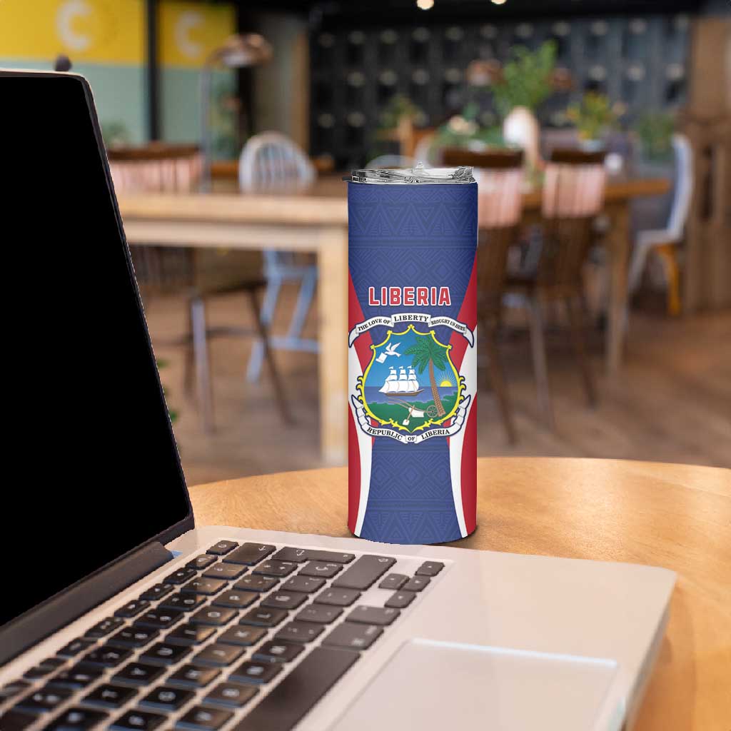 Personalised Afro Liberia Skinny Tumbler Coat Of Arms With Flag Map - African Pattern