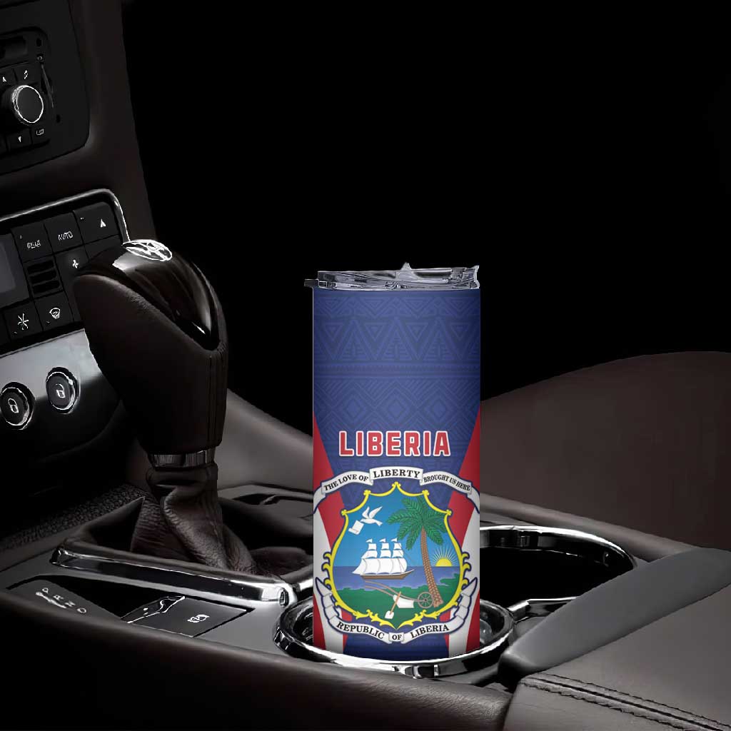 Personalised Afro Liberia Skinny Tumbler Coat Of Arms With Flag Map - African Pattern