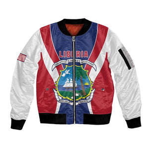 Personalised Afro Liberia Sleeve Zip Bomber Jacket Coat Of Arms With Flag Map - African Pattern