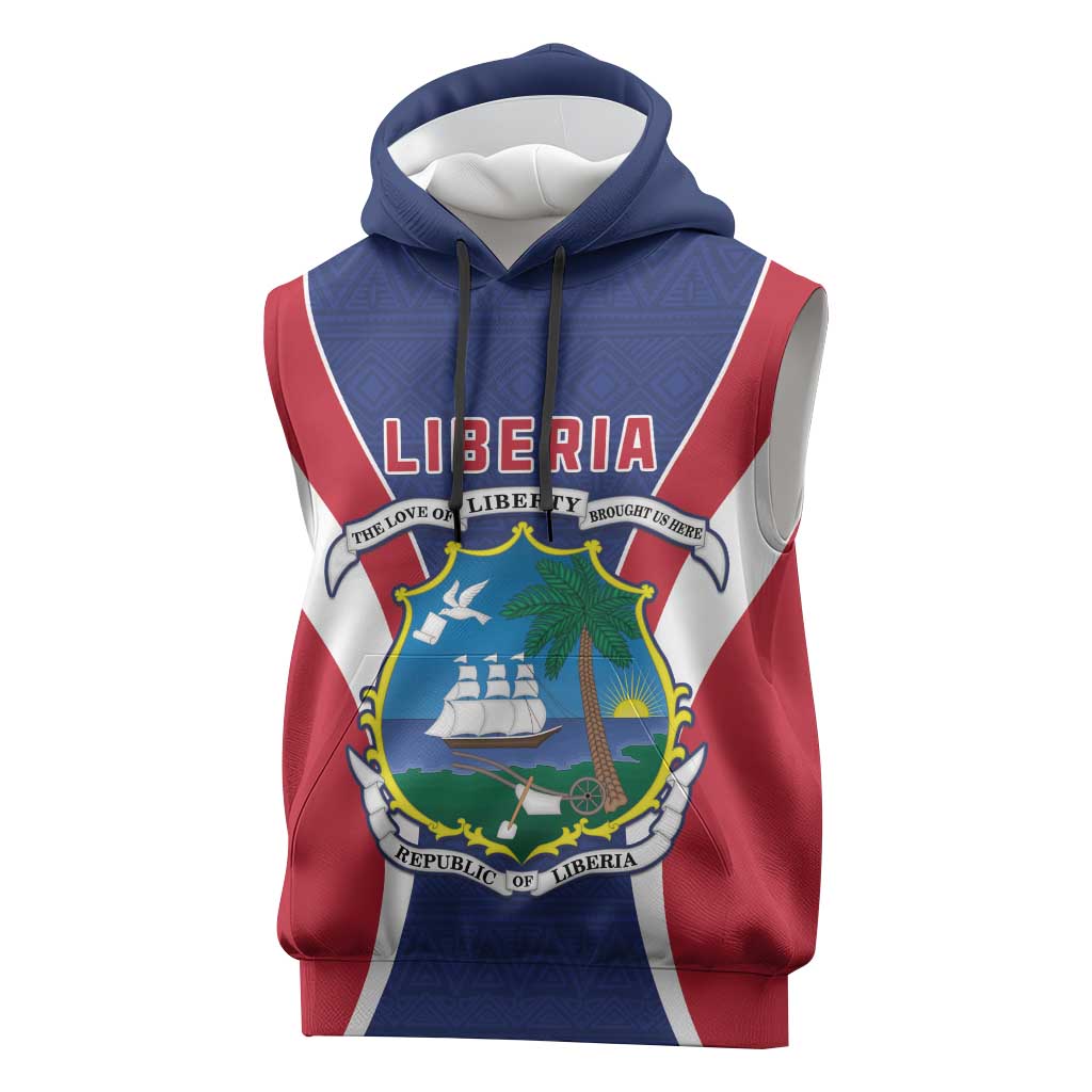 Personalised Afro Liberia Sleeveless Hoodie Coat Of Arms With Flag Map - African Pattern - African Pride