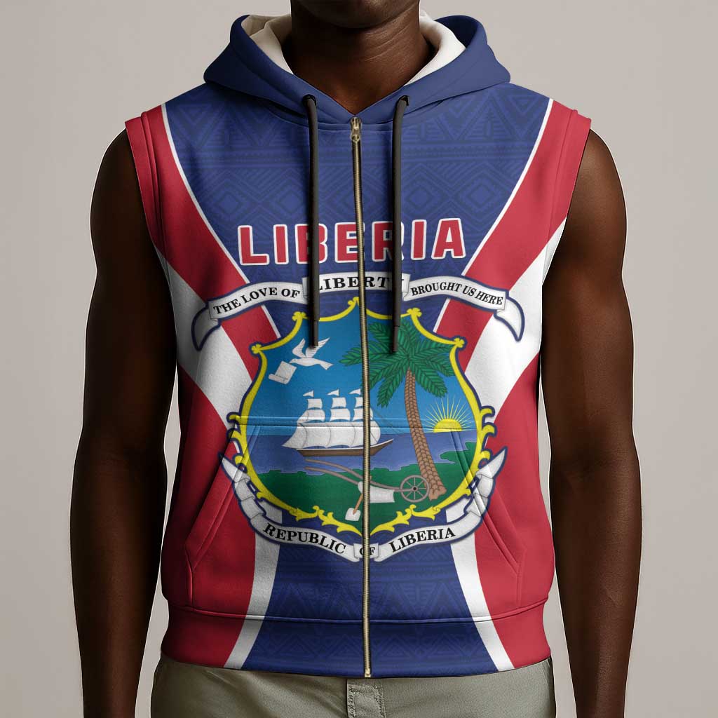 Personalised Afro Liberia Sleeveless Zip Hoodie Coat Of Arms With Flag Map - African Pattern - African Pride