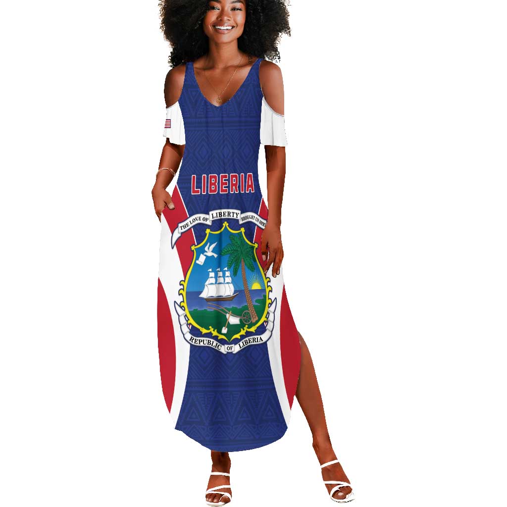Personalised Afro Liberia Summer Maxi Dress Coat Of Arms With Flag Map - African Pattern