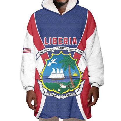Personalised Afro Liberia Wearable Blanket Hoodie Coat Of Arms With Flag Map - African Pattern