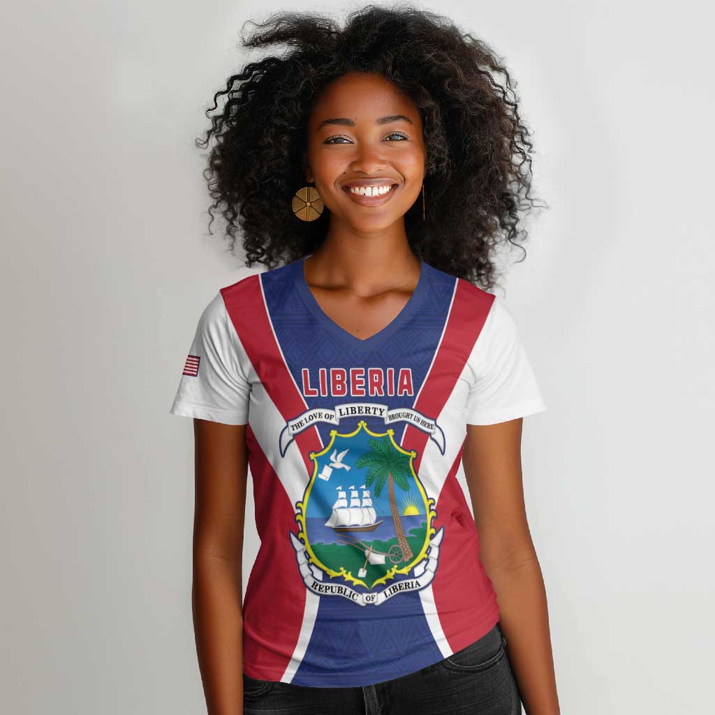 Personalised Afro Liberia Women V-Neck T-Shirt Coat Of Arms With Flag Map - African Pattern