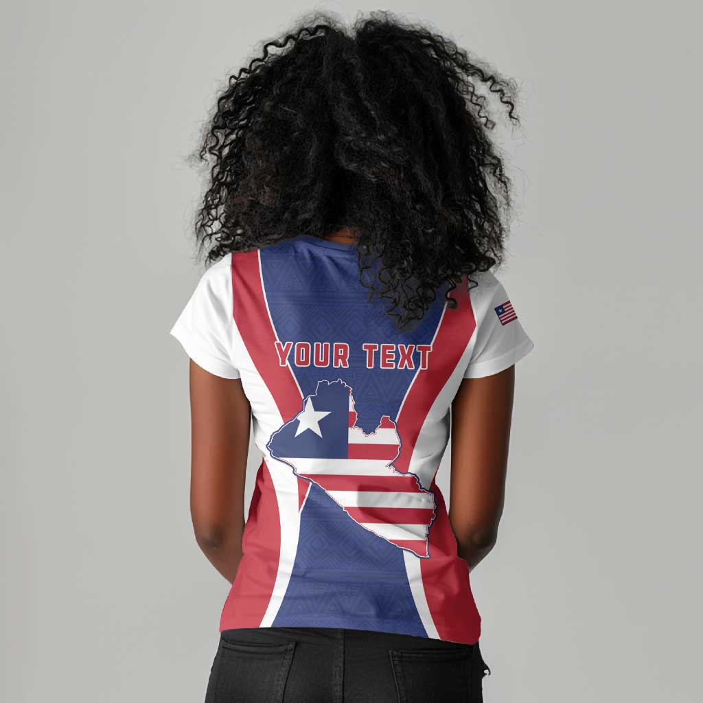 Personalised Afro Liberia Women V-Neck T-Shirt Coat Of Arms With Flag Map - African Pattern