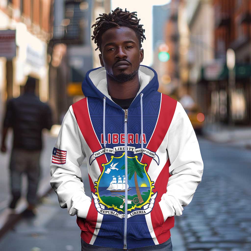 Personalised Afro Liberia Zip Hoodie Coat Of Arms With Flag Map - African Pattern