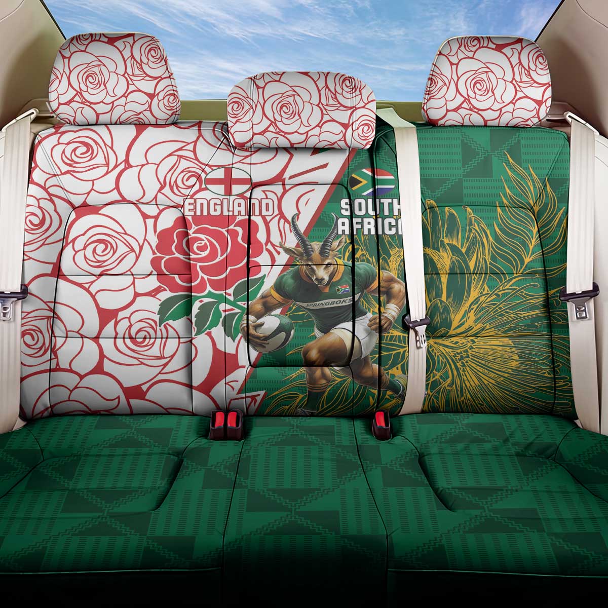 Personalized South Africa Combine England Rugby Back Car Seat Cover Springboks and Red Rose