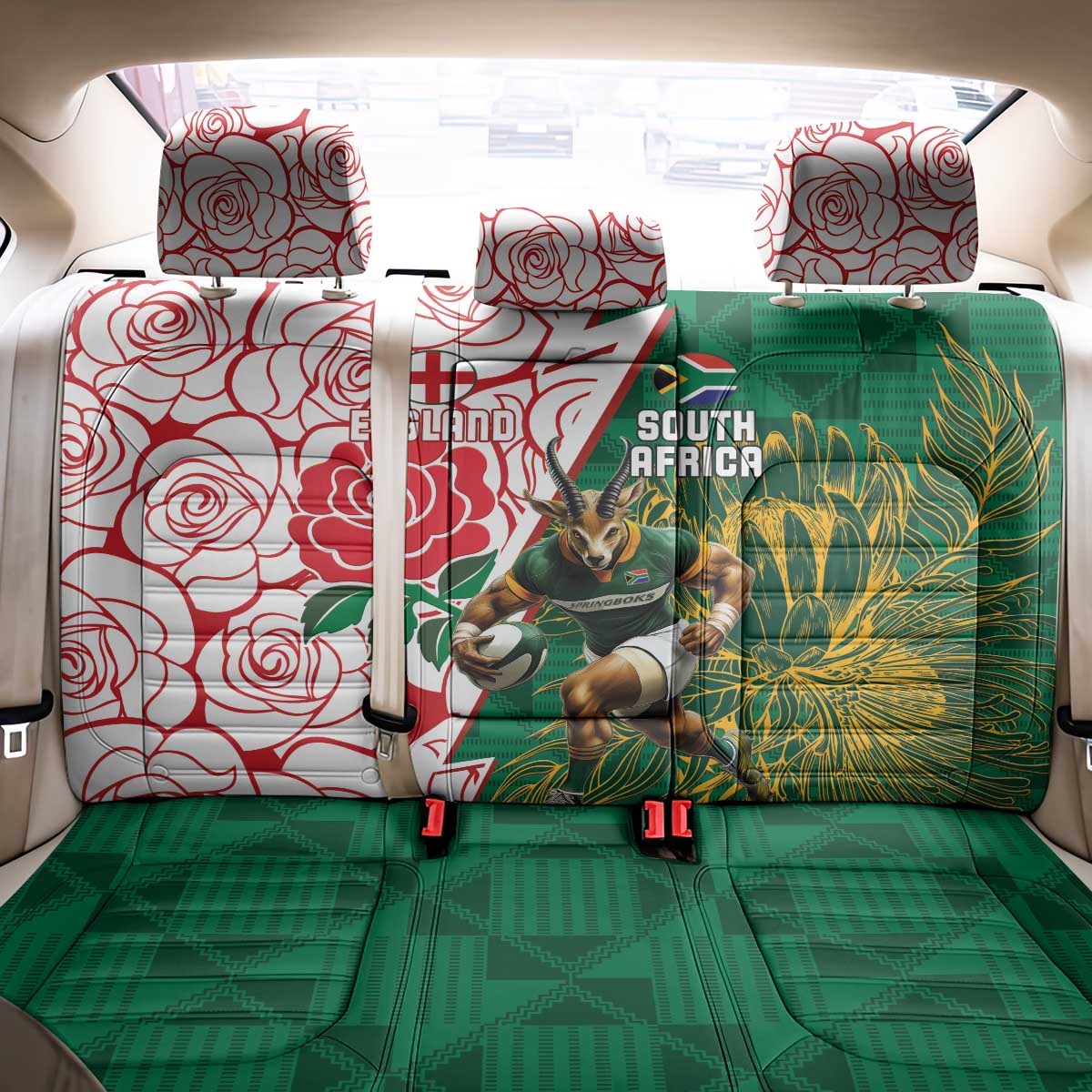 Personalized South Africa Combine England Rugby Back Car Seat Cover Springboks and Red Rose