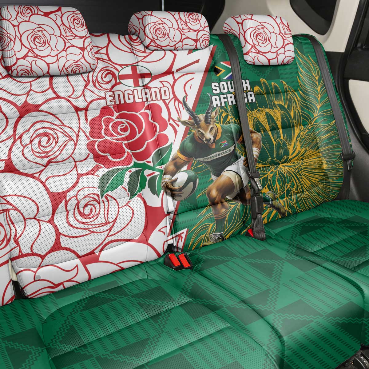 Personalized South Africa Combine England Rugby Back Car Seat Cover Springboks and Red Rose