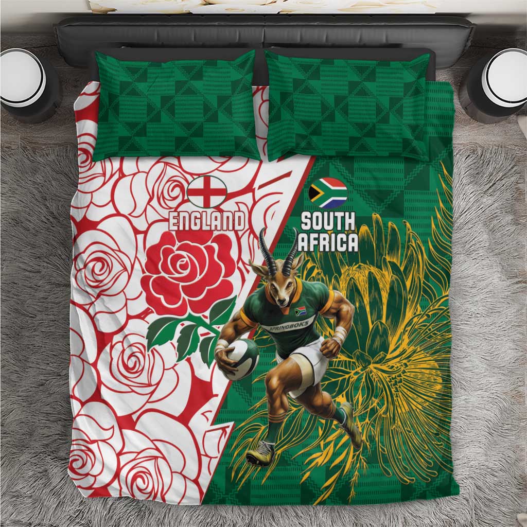 Personalized South Africa Combine England Rugby Bedding Set Springboks and Red Rose