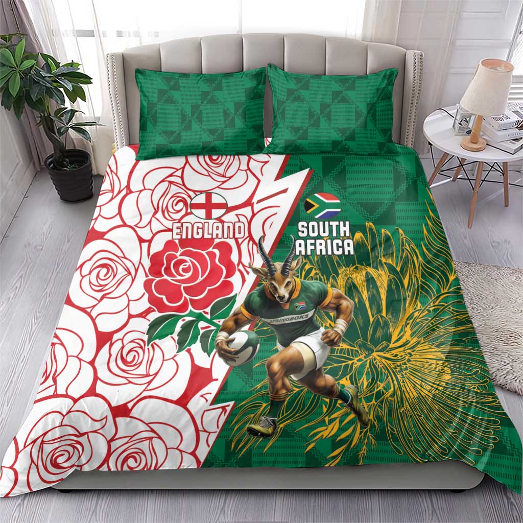 Personalized South Africa Combine England Rugby Bedding Set Springboks and Red Rose