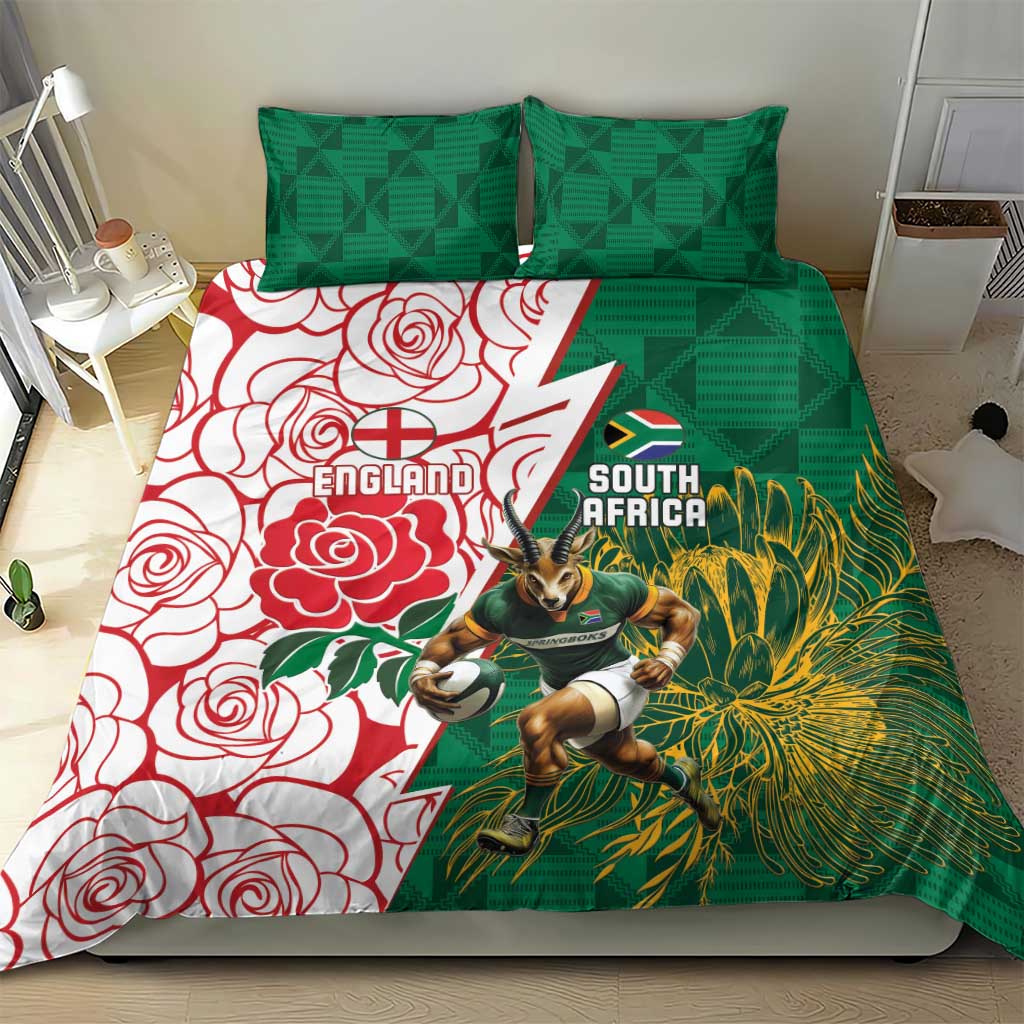 Personalized South Africa Combine England Rugby Bedding Set Springboks and Red Rose