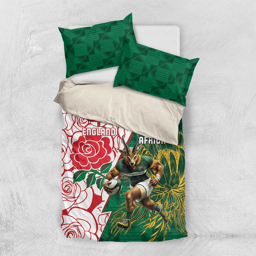 Personalized South Africa Combine England Rugby Bedding Set Springboks and Red Rose
