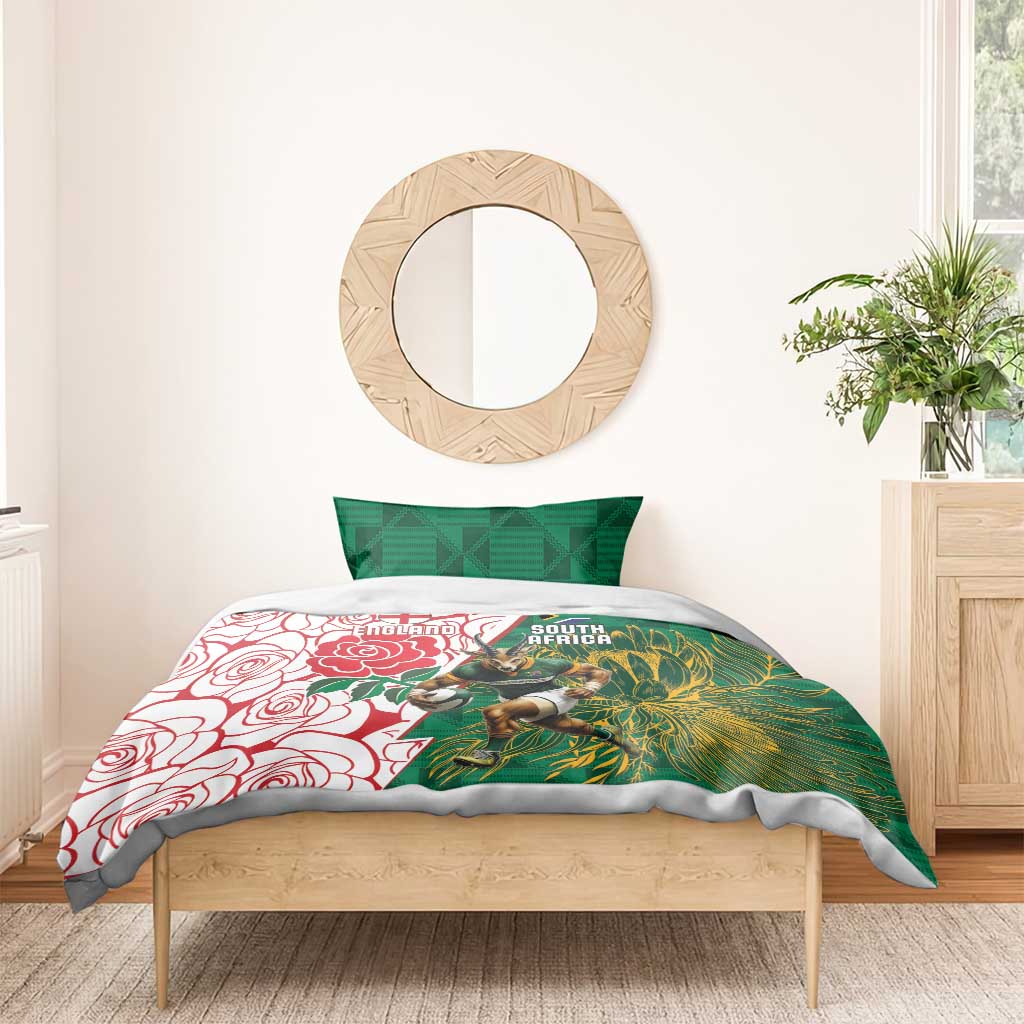 Personalized South Africa Combine England Rugby Bedding Set Springboks and Red Rose