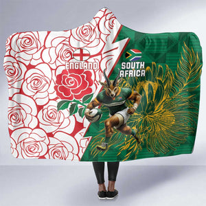 Personalized South Africa Combine England Rugby Hooded Blanket Springboks and Red Rose