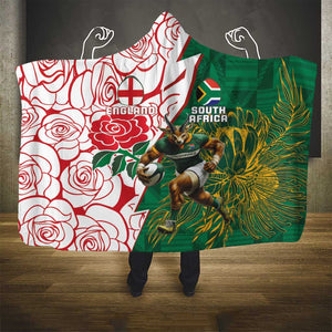Personalized South Africa Combine England Rugby Hooded Blanket Springboks and Red Rose