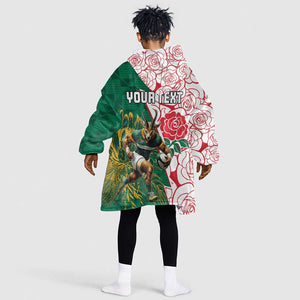 Personalized South Africa Combine England Rugby Kid Wearable Blanket Hoodie Springboks and Red Rose