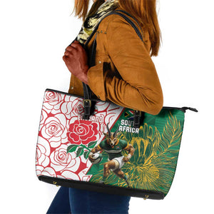 Personalized South Africa Combine England Rugby Leather Tote Bag Springboks and Red Rose