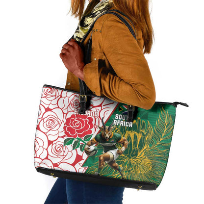 Personalized South Africa Combine England Rugby Leather Tote Bag Springboks and Red Rose