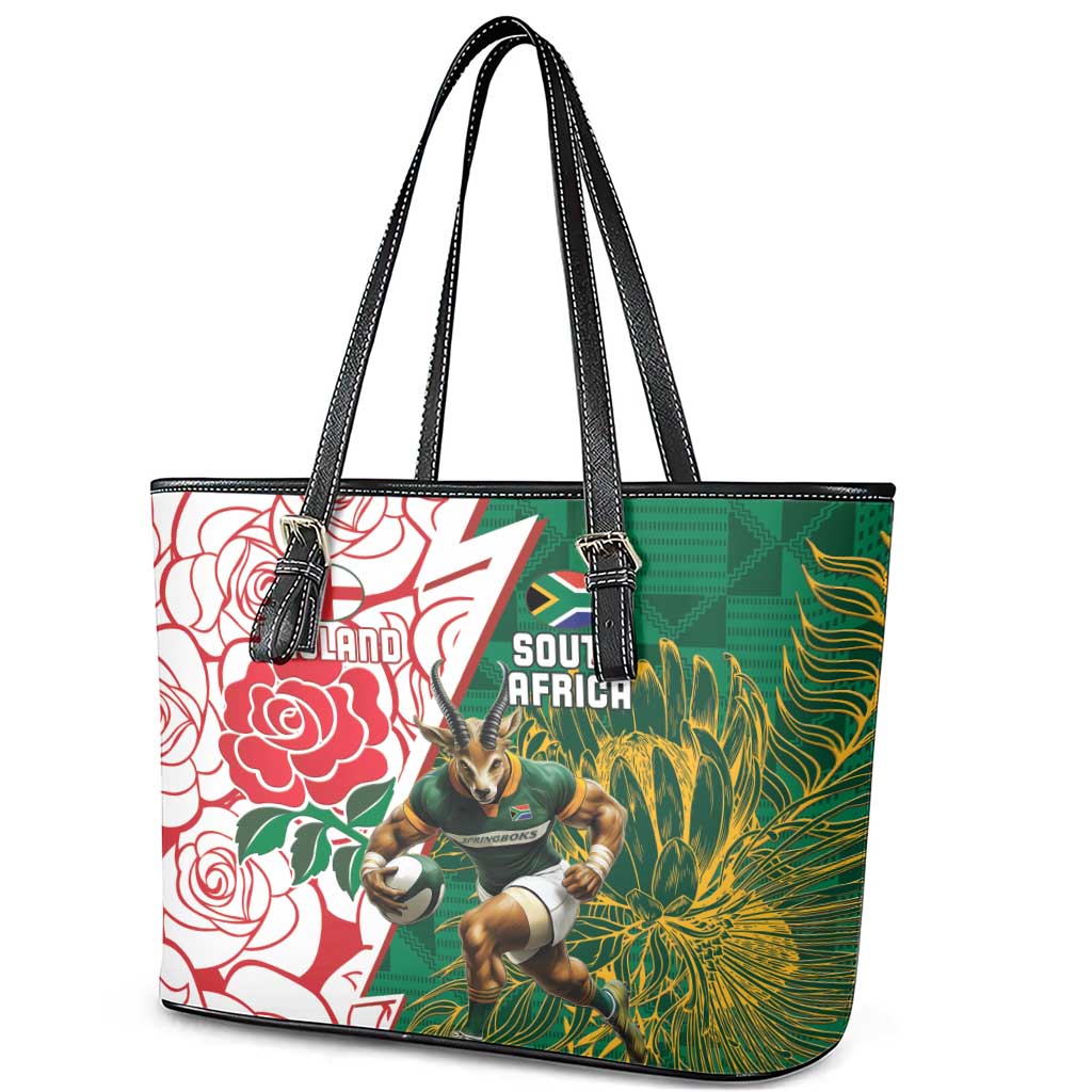 Personalized South Africa Combine England Rugby Leather Tote Bag Springboks and Red Rose