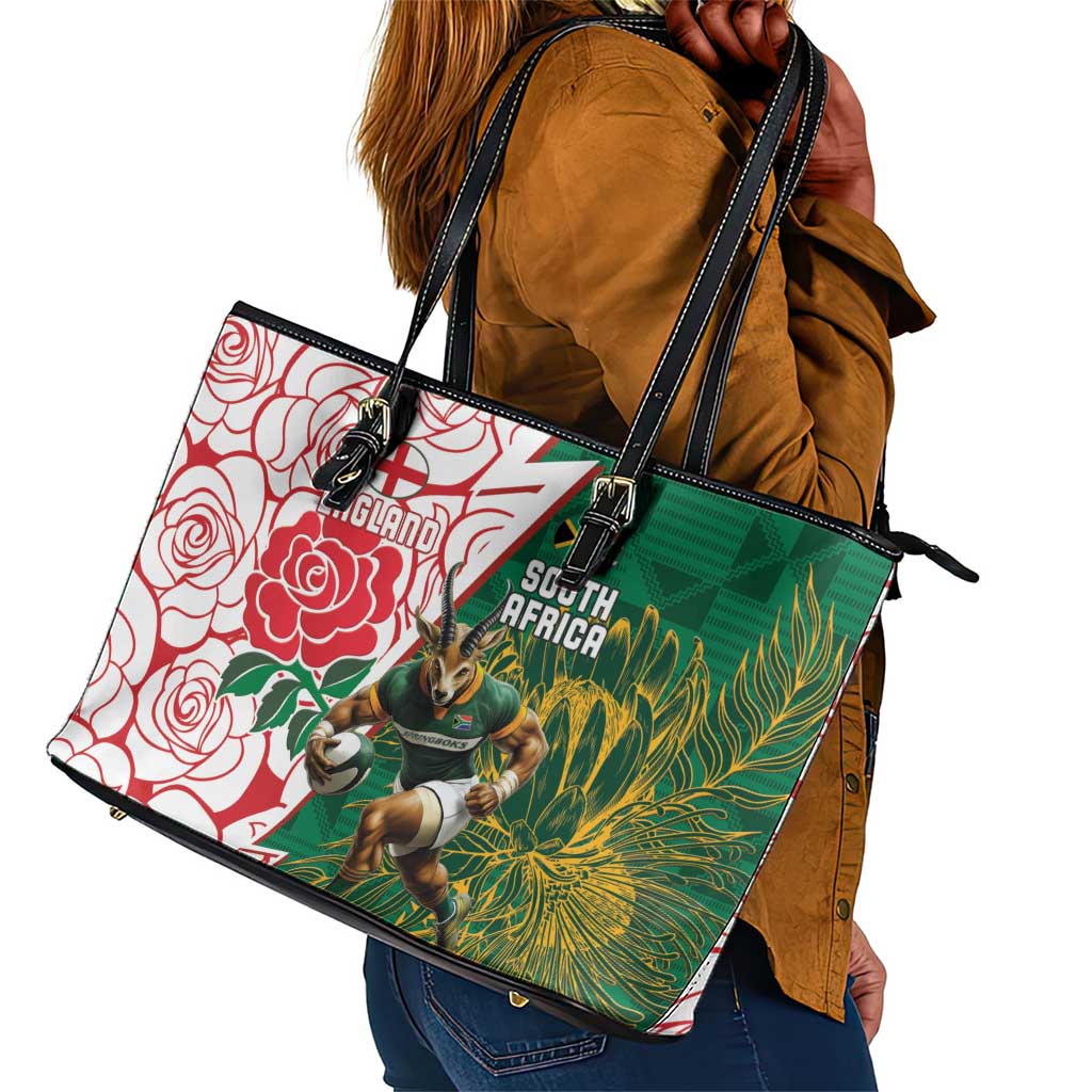 Personalized South Africa Combine England Rugby Leather Tote Bag Springboks and Red Rose