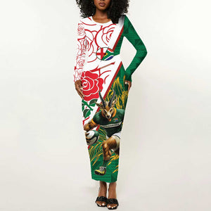 Personalized South Africa Combine England Rugby Long Sleeve Bodycon Dress Springboks and Red Rose LT15