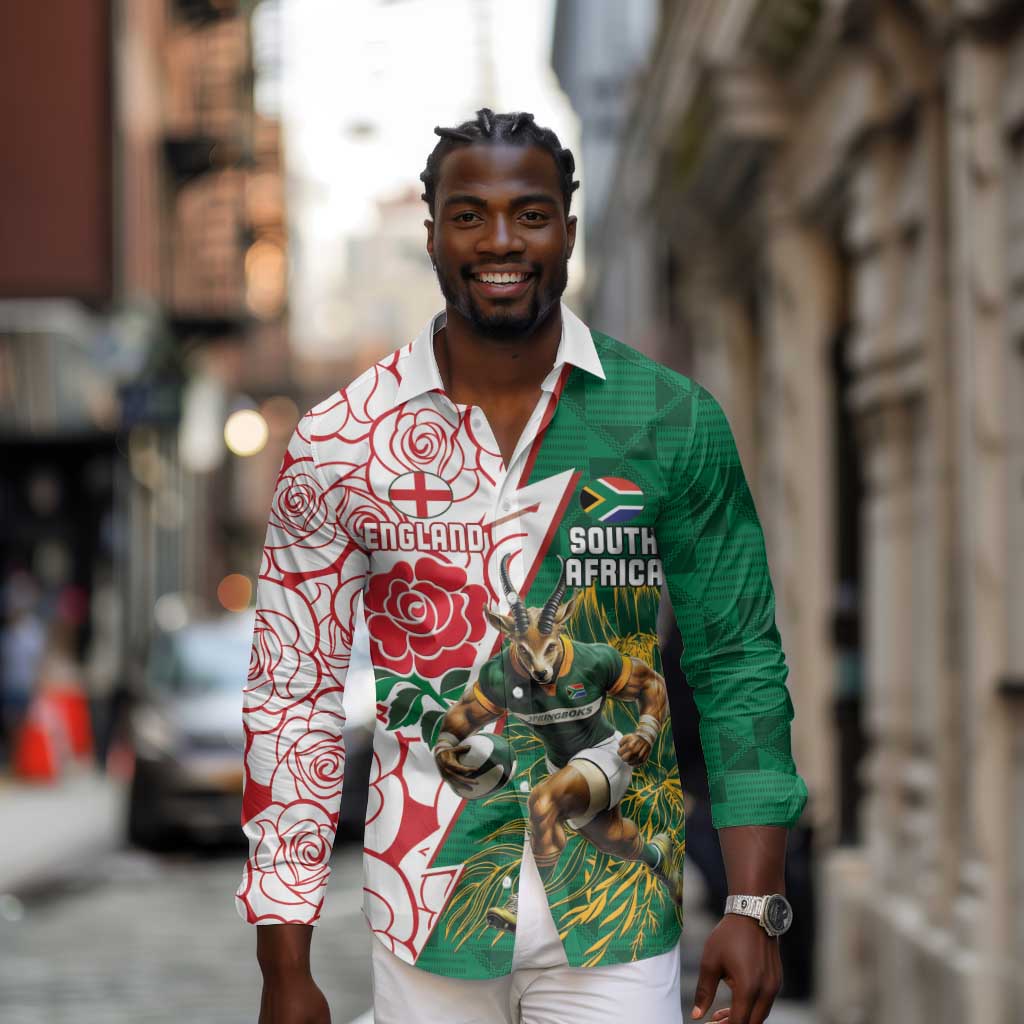 Personalized South Africa Combine England Rugby Long Sleeve Button Shirt Springboks and Red Rose