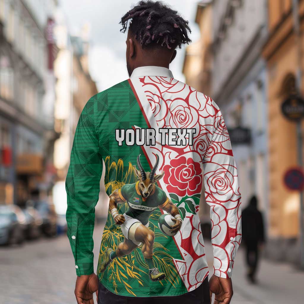 Personalized South Africa Combine England Rugby Long Sleeve Button Shirt Springboks and Red Rose