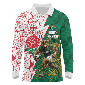 Personalized South Africa Combine England Rugby Long Sleeve Polo Shirt Springboks and Red Rose