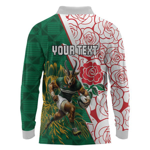 Personalized South Africa Combine England Rugby Long Sleeve Polo Shirt Springboks and Red Rose
