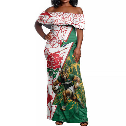 Personalized South Africa Combine England Rugby Off Shoulder Maxi Dress Springboks and Red Rose
