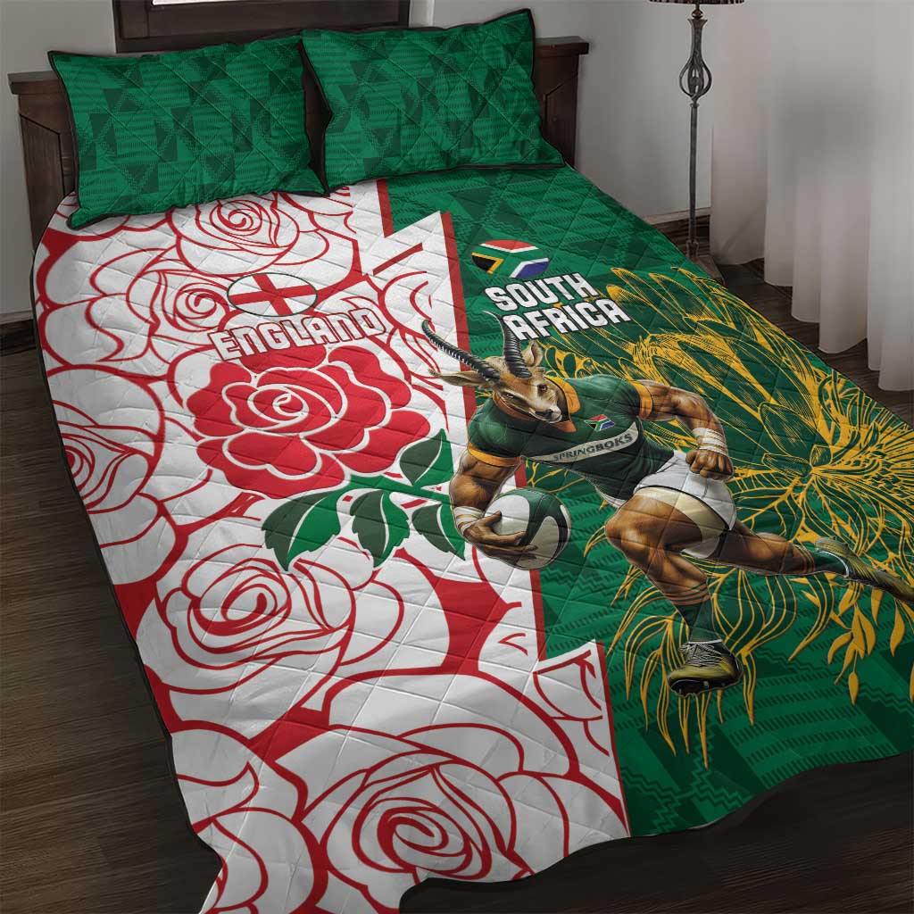 Personalized South Africa Combine England Rugby Quilt Bed Set Springboks and Red Rose