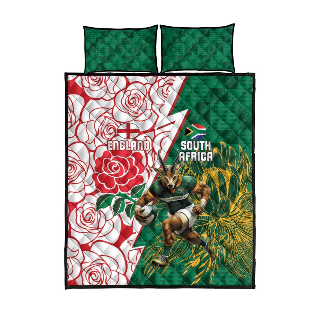 Personalized South Africa Combine England Rugby Quilt Bed Set Springboks and Red Rose