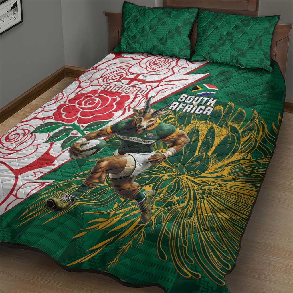 Personalized South Africa Combine England Rugby Quilt Bed Set Springboks and Red Rose