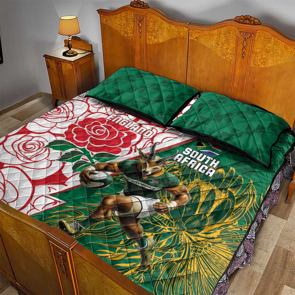 Personalized South Africa Combine England Rugby Quilt Bed Set Springboks and Red Rose