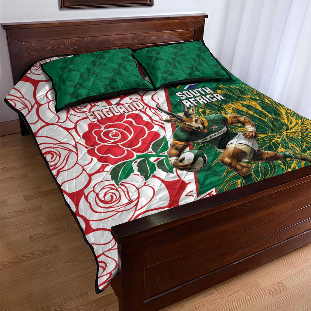 Personalized South Africa Combine England Rugby Quilt Bed Set Springboks and Red Rose