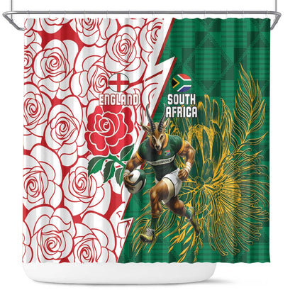 Personalized South Africa Combine England Rugby Shower Curtain Springboks and Red Rose