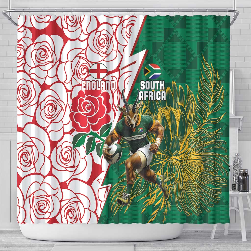 Personalized South Africa Combine England Rugby Shower Curtain Springboks and Red Rose