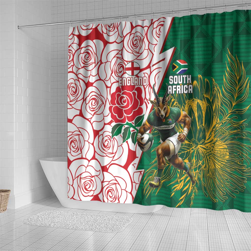 Personalized South Africa Combine England Rugby Shower Curtain Springboks and Red Rose