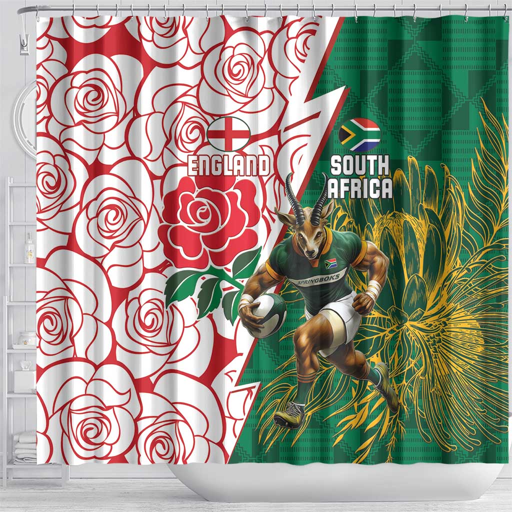 Personalized South Africa Combine England Rugby Shower Curtain Springboks and Red Rose