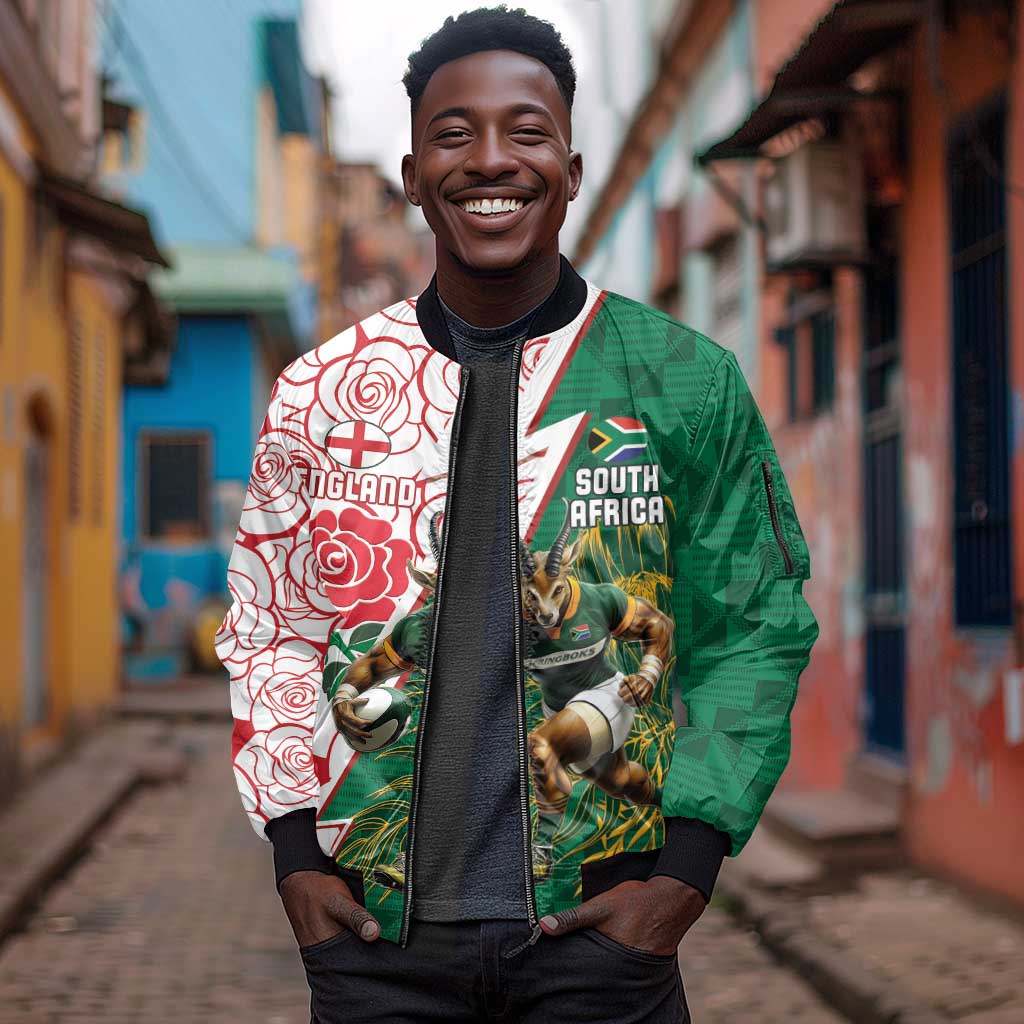 Personalized South Africa Combine England Rugby Sleeve Zip Bomber Jacket Springboks and Red Rose