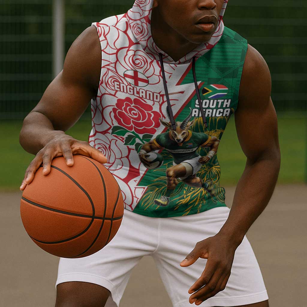Personalized South Africa Combine England Rugby Sleeveless Hoodie Springboks and Red Rose - African Pride