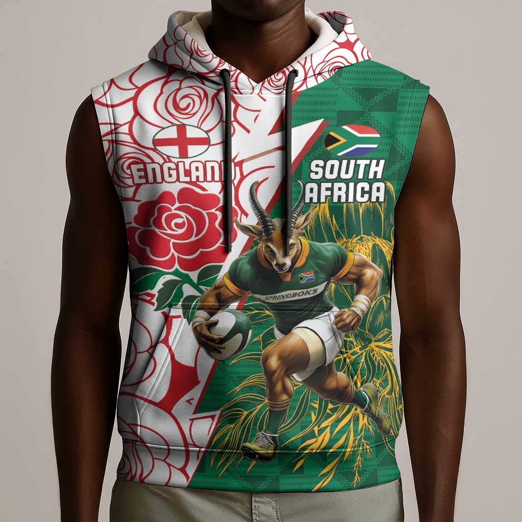 Personalized South Africa Combine England Rugby Sleeveless Hoodie Springboks and Red Rose - African Pride
