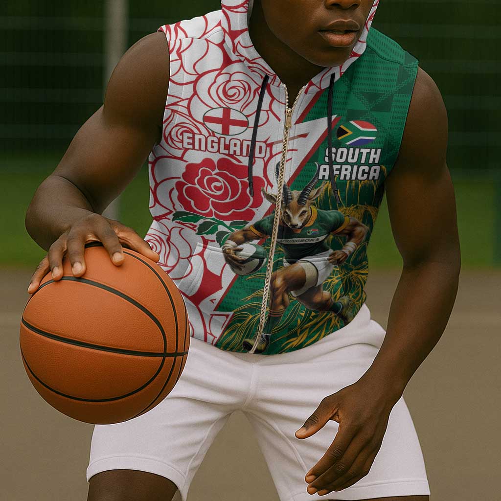 Personalized South Africa Combine England Rugby Sleeveless Zip Hoodie Springboks and Red Rose - African Pride