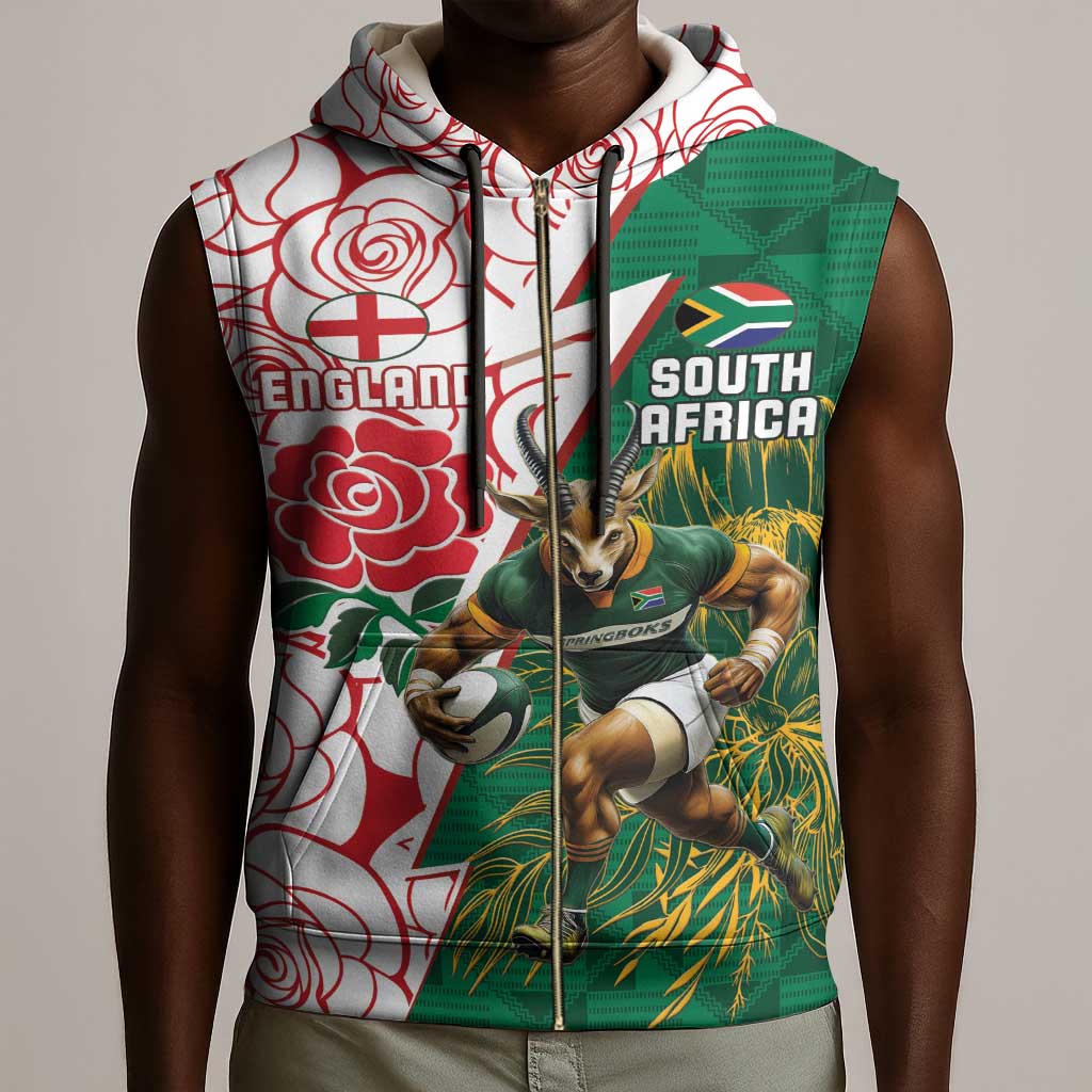 Personalized South Africa Combine England Rugby Sleeveless Zip Hoodie Springboks and Red Rose - African Pride