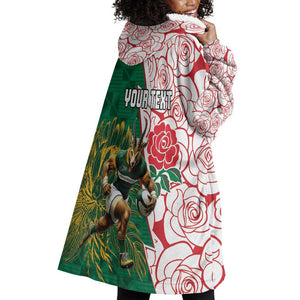 Personalized South Africa Combine England Rugby Wearable Blanket Hoodie Springboks and Red Rose
