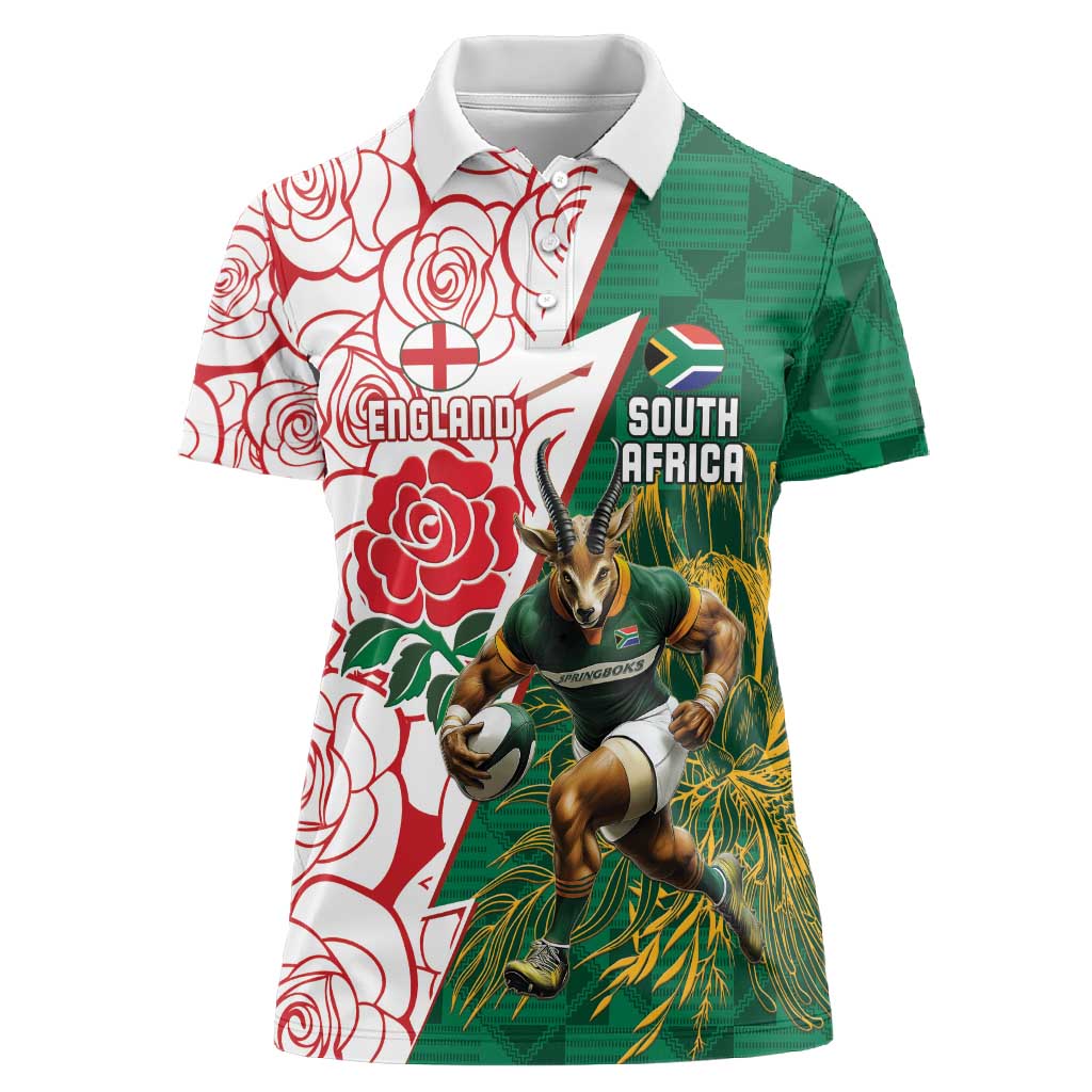Personalized South Africa Combine England Rugby Women Polo Shirt Springboks and Red Rose