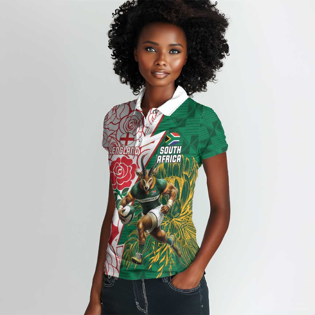 Personalized South Africa Combine England Rugby Women Polo Shirt Springboks and Red Rose