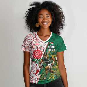 Personalized South Africa Combine England Rugby Women V-Neck T-Shirt Springboks and Red Rose