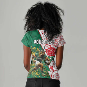 Personalized South Africa Combine England Rugby Women V-Neck T-Shirt Springboks and Red Rose